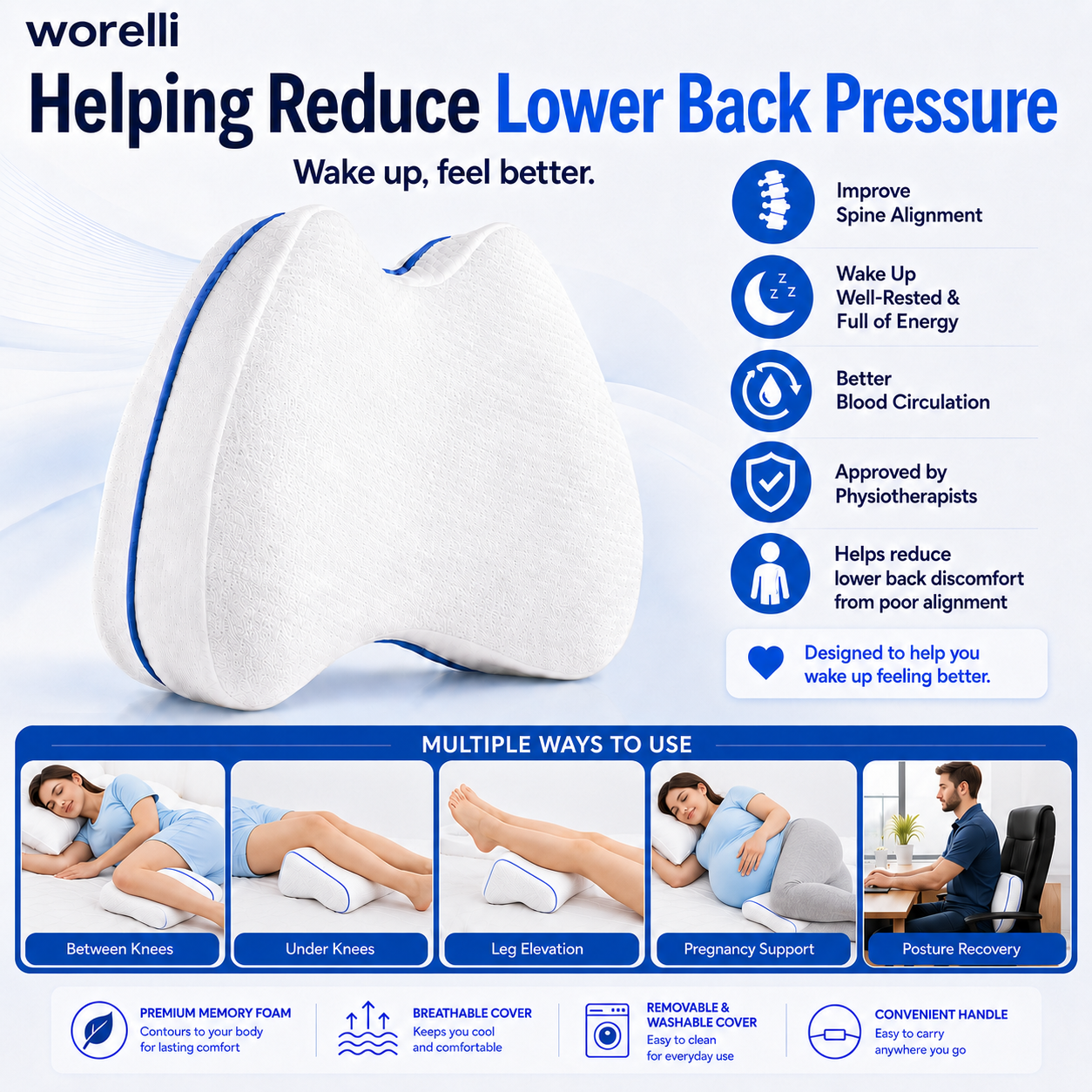 Worelli Knee Pillow for Side Sleepers — Helps Reduce Lower Back Pain, Sleep More Comfortably & Wake Up Less Stiff