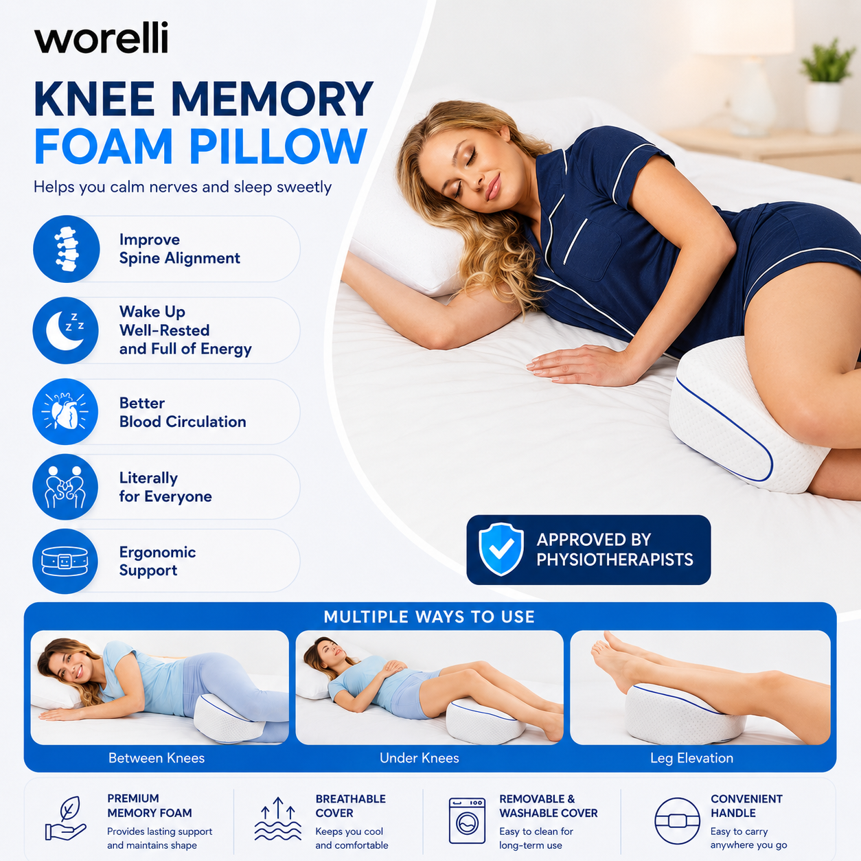 Worelli Knee Pillow for Side Sleepers — Helps Reduce Lower Back Pain, Sleep More Comfortably & Wake Up Less Stiff